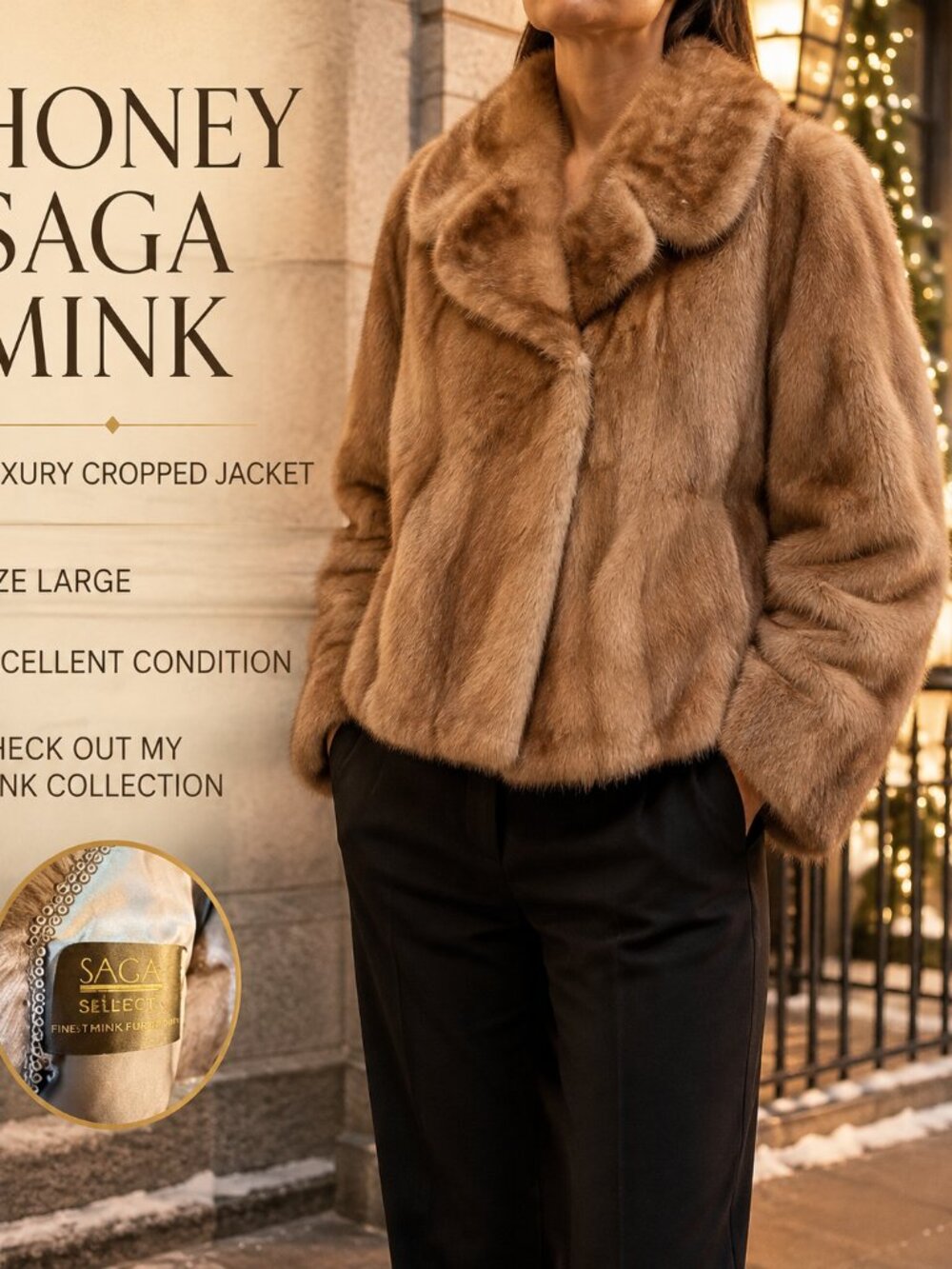 Honey SAGA Select Mink Fur Cropped Jacket Women’s Large Luxury Coat Excellent